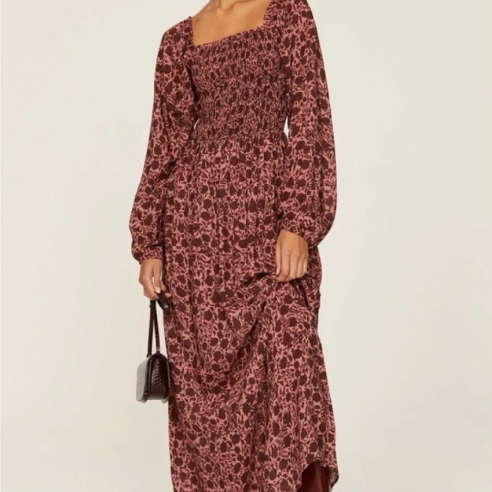 Faherty Burgundy and Blush Floral Smocked Maxi Dress
